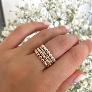 14k gold filled ring, sterling silver beaded ring, stretch elastic ring, thin gold ring, WATERPROOF ring, tarnish free ring, stacking ring