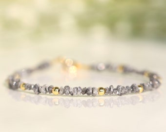 Raw Diamond Bracelet, Authentic Diamond, April Birthstone, Delicate Beaded Gemstone Bracelet, Rough Diamond bracelet, sterling silver