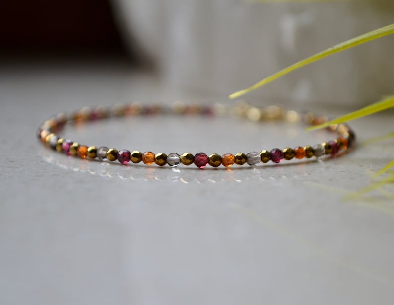 January Birthstone delicate gemstone jewelry Dainty Red Garnet bracelet with smoky quartz and gold hematite burnt orange bracelet femme