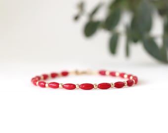 Genuine Coral bracelet 2x4mm with 14k gold filled, rice coral bracelet, real Coral jewelry, tiny coral bracelet, heated, real red coral