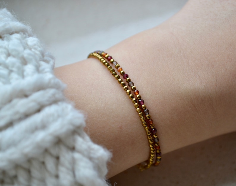 January Birthstone delicate gemstone jewelry Dainty Red Garnet bracelet with smoky quartz and gold hematite burnt orange bracelet femme