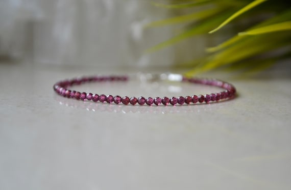 Genuine Garnet bracelet - bracelet femme, delicate red crystal jewelry, January birthstone, 2mm beaded bracelet with Sterling Silver clasp