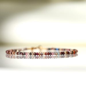 May include: A delicate bracelet made of small, colourful gemstone beads. The beads are a mix of pink, red, brown, and white.