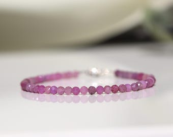 July birthstone bracelet, Pink Ruby bracelet, Genuine Ruby jewelry, 3mm bead bracelet, 40th wedding anniversary gift for Her