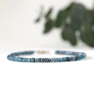 Dark Teal Blue Kyanite bracelet, sterling silver, 3mm bead bracelet, women&#39;s jewelry