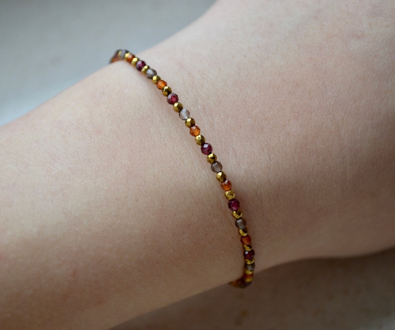 January Birthstone delicate gemstone jewelry Dainty Red Garnet bracelet with smoky quartz and gold hematite burnt orange bracelet femme
