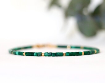 AAA+ natural Malachite bracelet with 24k gold vermeil beads from Thailand, green square crystal bracelet 2mm