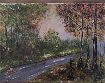 May include: A painting depicting a road winding through an autumnal forest. The trees are a mixture of green, brown, and red, and the road is grey. The sky is a light blue, with a hint of mist in the distance.