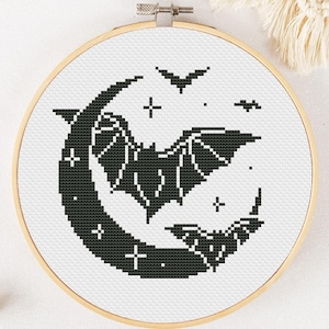 Bats And Moon Cross Stitch Pattern PDF, Gothic Cross Stitch, Mystical Hand Embroidery, Animal Xstitch - Instant Download