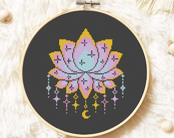 Lotus Cross Stitch Pattern PDF, Mandala Cross Stitch, Flower Hand Embroidery - Instant Donwload