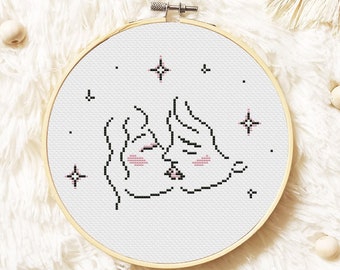 Cute couple Cross Stitch Pattern PDF, Love Cross Stitch, Kiss Xstitch - Instant Download