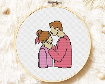 Couple point de croix motif PDF, amour point de croix, broderie romantique à la main, mignon Xstitch - téléchargement immédiat