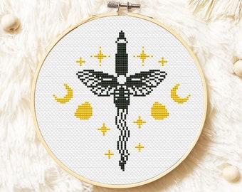 Witch Cross Stitch Pattern PDF, Celestial Moth Xstitch, Mystical Moon Phases Hand Embroidery, Witchy Gothic Cross Stitch