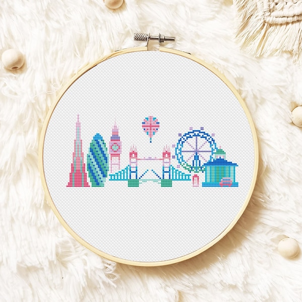 London Cross Stitch Pattern PDF, City Skyline Cross Stitch, United Kingdom Xstitch, Travel Hand Embroidery, England, British UK