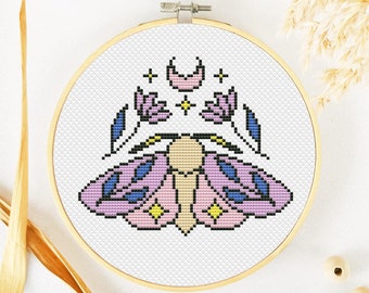 Moth Cross Stitch Pattern PDF, Butterfly Cross Stitch, Insect Xstitch, Mystical Cross Stitch, Boho Hand Embroidery, Celestial Cross Stitch