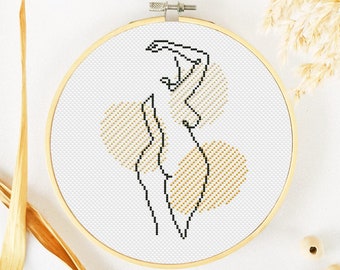 Body Positive Cross Stitch Pattern PDF, Boho Woman Xstitch, One Line Hand Embroidery, Female Back Cross Stitch, Curvy Woman Cross Stitch