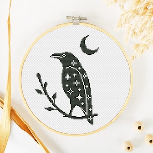 Raven Cross Stitch Pattern PDF, Witch Cross Stitch, Gothic Cross Stitch, Halloween Xstitch, Witchy Bird Hand Embroidery, Celestial Xstitch