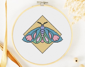 Moth Cross Stitch Pattern PDF, Butterfly Cross Stitch, Insect Hand Embroidery, Geometric Vintage Animal Xstitch