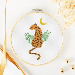 Leopard Cross Stitch Pattern PDF, Animal And Moon Cross Stitch, Boho Hand Embroidery, Wild Animal Xstitch, Jungle Animal Cross Stitch image 1