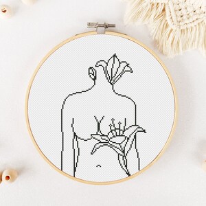 Padrão de ponto cruz de corpo feminino em PDF, ponto cruz de mulher com flores, bordado à mão com linha feminina, figura floral abstrata Xstitch, gráfico botânico