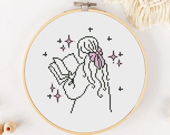 Book Cross Stitch Pattern PDF, Reading Cross Stitch, Bookworm Xstitch, Bookish Hand Embroidery - Instant Download