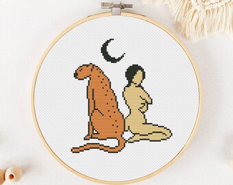 Cheetah Cross Stitch Pattern PDF, Woman Cross Stitch, Animal Xstitch, Boho Hand Embroidery - Instant Download