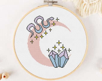 Boho Moon Cross Stitch Pattern PDF, Snake Cross Stitch, Crystal Xstitch, Celestial Mystical Cross Stitch, Crescent Moon Line Hand Embroidery