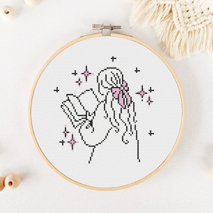 Book Cross Stitch Pattern PDF, Reading Cross Stitch, Bookworm Xstitch, Bookish Hand Embroidery - Instant Download
