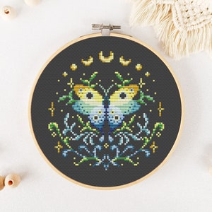 Moon Butterfly Cross Stitch Pattern PDF, Cute Moth Cross Stitch, Insect Hand Embroidery, Dark Xstitch - Instant Download