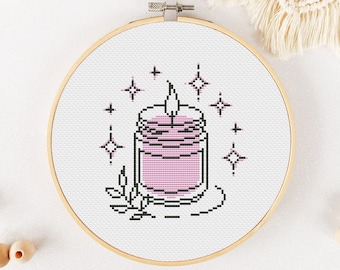 Cute Cross Stitch Pattern PDF, Candle Hand Embroidery, Pink Xstitch, Cozy Cross Stitch - Instant Download