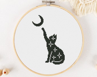 Chat motif point de croix PDF, animal point de croix, lune broderie à la main, céleste Xstitch - téléchargement immédiat