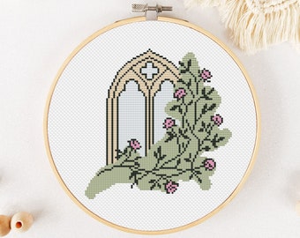 Window Cross Stitch Pattern PDF, Rose Cross Stitch, Vintage Hand Embroidery, Ancient Xstitch - Instant Download