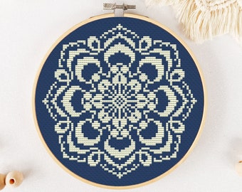 Mandala Cross Stitch Pattern PDF, Geometric Xstitch, Floral Hand Embroidery, Flower Counted Cross Stitch, Monochrome Cross Stitch Chart