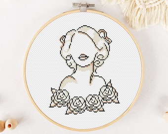 Modèle de point de croix femme PDF, Rose point de croix, broderie de fleurs à la main, mignon Xstitch - téléchargement immédiat