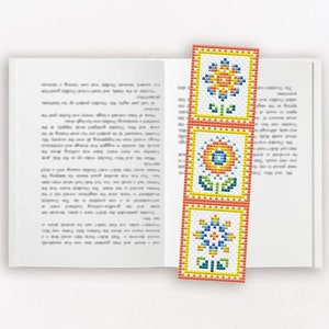 Bladwijzer kruissteekpatroon PDF, bloem handborduurwerk, zonnebloem xstitch-grafiek, kruissteekcadeau lezen voor boekenliefhebbers, boekenwurmen