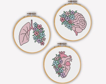 Anatomy Cross Stitch Patterns Set PDF, Heart Cross Stitch, Brain Hand Embroidery, Lungs Xstitch - Instant Download