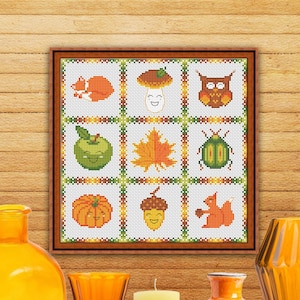 Herbst Sampler Kreuzstich Muster PDF, Herbst Kreuzstich, Kürbis Handstickerei, Fuchs Kreuzstich, Pilz, Ahornblatt, Eichhörnchen, Eule, Käfer