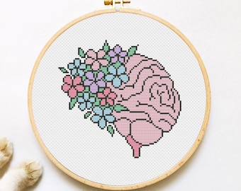 Cerveau point de croix motif PDF, anatomie point de croix, broderie florale à la main, fleur cerveau Xstitch, - téléchargement immédiat