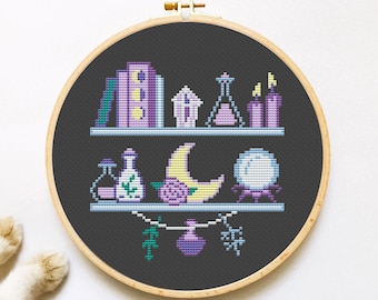 Witch Shelf Cross Stitch Pattern PDF, Magic Cross Stitch, Witchy Hand Embroidery, Cute Xstitch - Instant Download