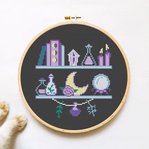 Witch Shelf Cross Stitch Pattern PDF, Magic Cross Stitch, Witchy Hand Embroidery, Cute Xstitch Instant Download image 1