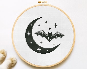 Bat Cross Stitch Pattern PDF, Gothic Cross Stitch, Witch Hand Embroidery, Moon Xstitch