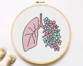 Lungs Cross Stitch Pattern PDF, Anatomy Cross Stitch, Floral Hand Embroidery, Anatomical Xstitch - Instant Download