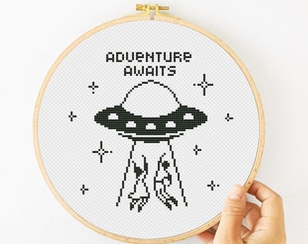 UFO Cross Stitch Pattern PDF, Alien Cross Stitch, Funny Hand Embroidery, Adventure Xstitch, Space Crossstich Digital Donwload