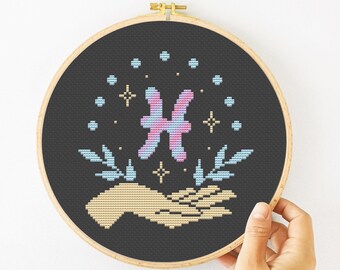 Pisces Cross Stitch Pattern PDF, Zodiac Sign Hand Embroidery, Astrology Needlepoint