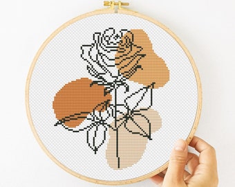 Rose Cross Stitch Pattern PDF, Abstract Flower Cross Stitch, Boho Line Art Cross Stitch, Modern Floral Xstitch