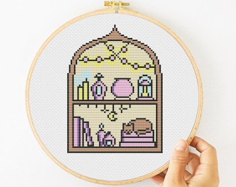 Shelf Cross Stitch Pattern PDF, Witch Cross Stitch, Magic Hand Embroidery, Cute Xstitch - Instant Download