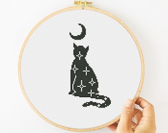 Cat And Moon Cross Stitch Pattern PDF, Celestial Hand Embroidery, Crescent Moon Xstitch, Animal Cross Stitch, Pet Xstitch