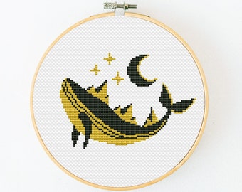 Whale Cross Stitch Pattern PDF, Celestial Xstitch, Sea Animal Hand Embroidery, Crescent Moon Cross Stitch, Ocean Nautical Cross Stitch
