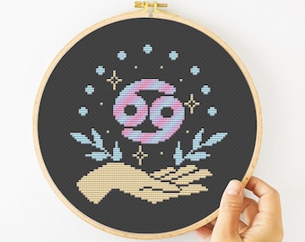 Cancer Cross Stitch Pattern PDF, Zodiac Sign Hand Embroidery, Astrology Needlepoint, Instant Download