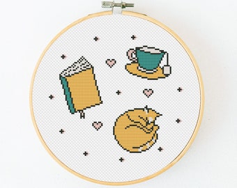 Book Sampler Cross Stitch Pattern PDF, Reading Cross Stitch, Tea Xstitch, Cat Hand Embroidery, Book Lover Xstitch, Bookworm Cross Stitch
